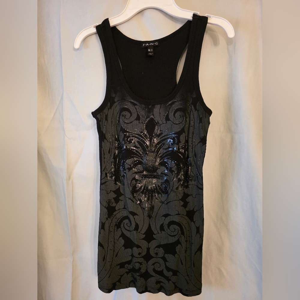 FANG...  Beautiful Black Tank Top With Black Cystal Accent Beads.